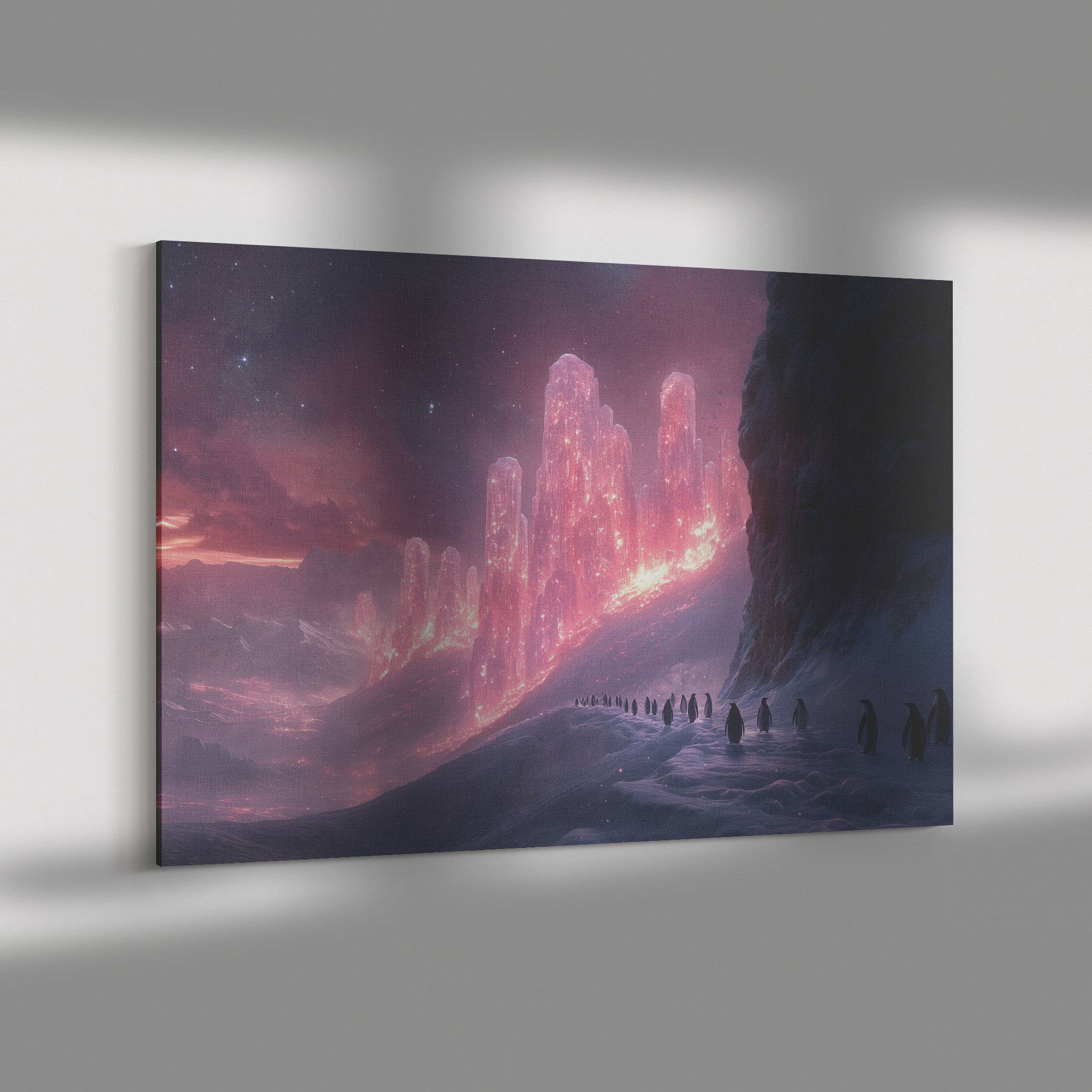 Penguin Colony on Arctic Cliff Glowing Crystal Ice Rich Natural Scenery Canvas Wall Art for Nature Lovers - Awakening Righteousness
