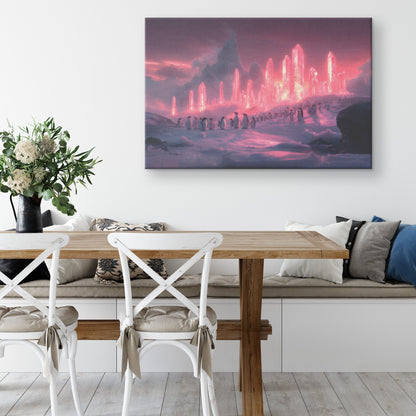 Penguin Colony on Arctic Cliff Glowing Crystal Ice Rich Natural Scenery Canvas Wall Art Wildlife Decor - Awakening Righteousness