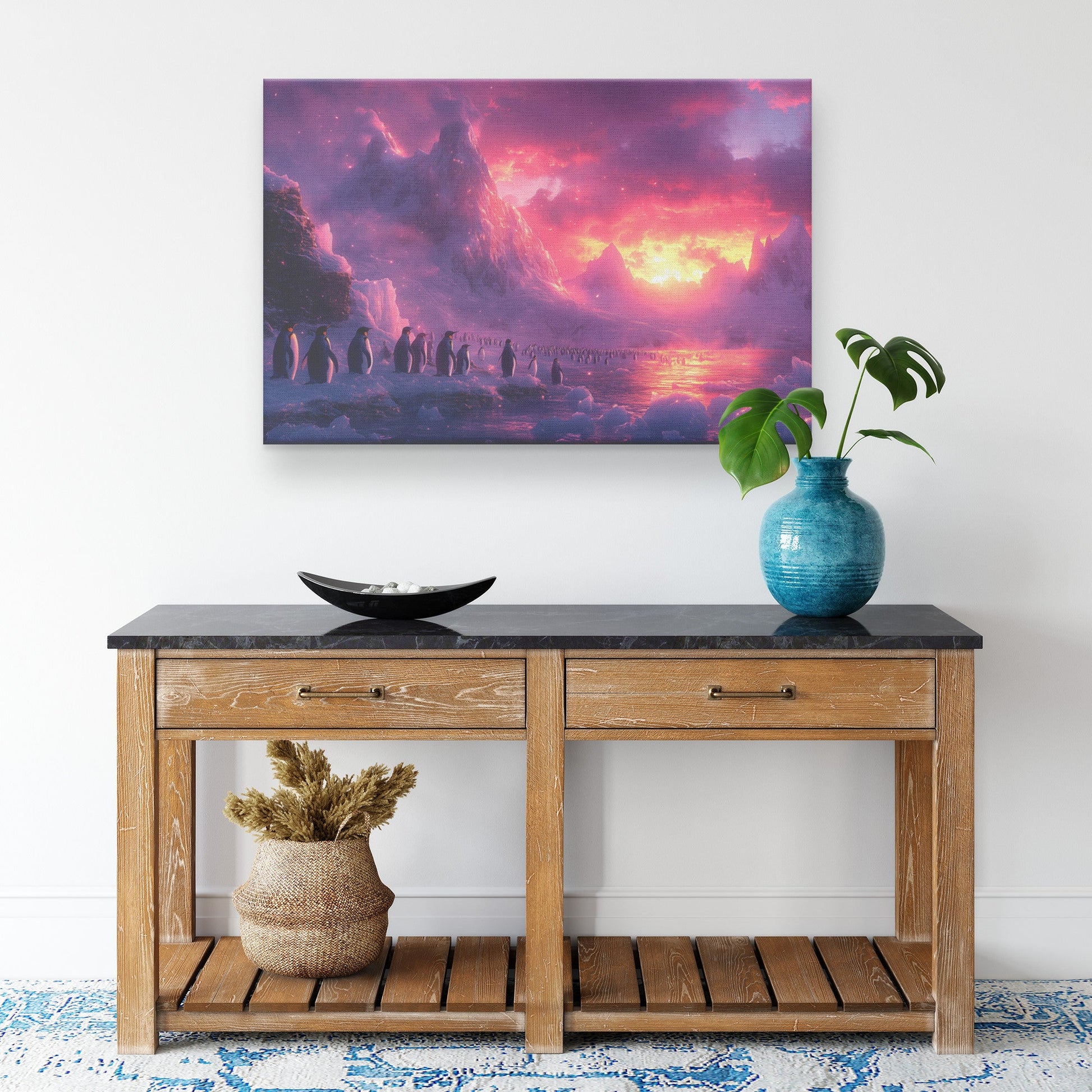 Penguin Colony on Arctic Cliff Surrounded by Glowing Crystal Ice Rich Natural Scenery Canvas Wall Art Decor - Awakening Righteousness