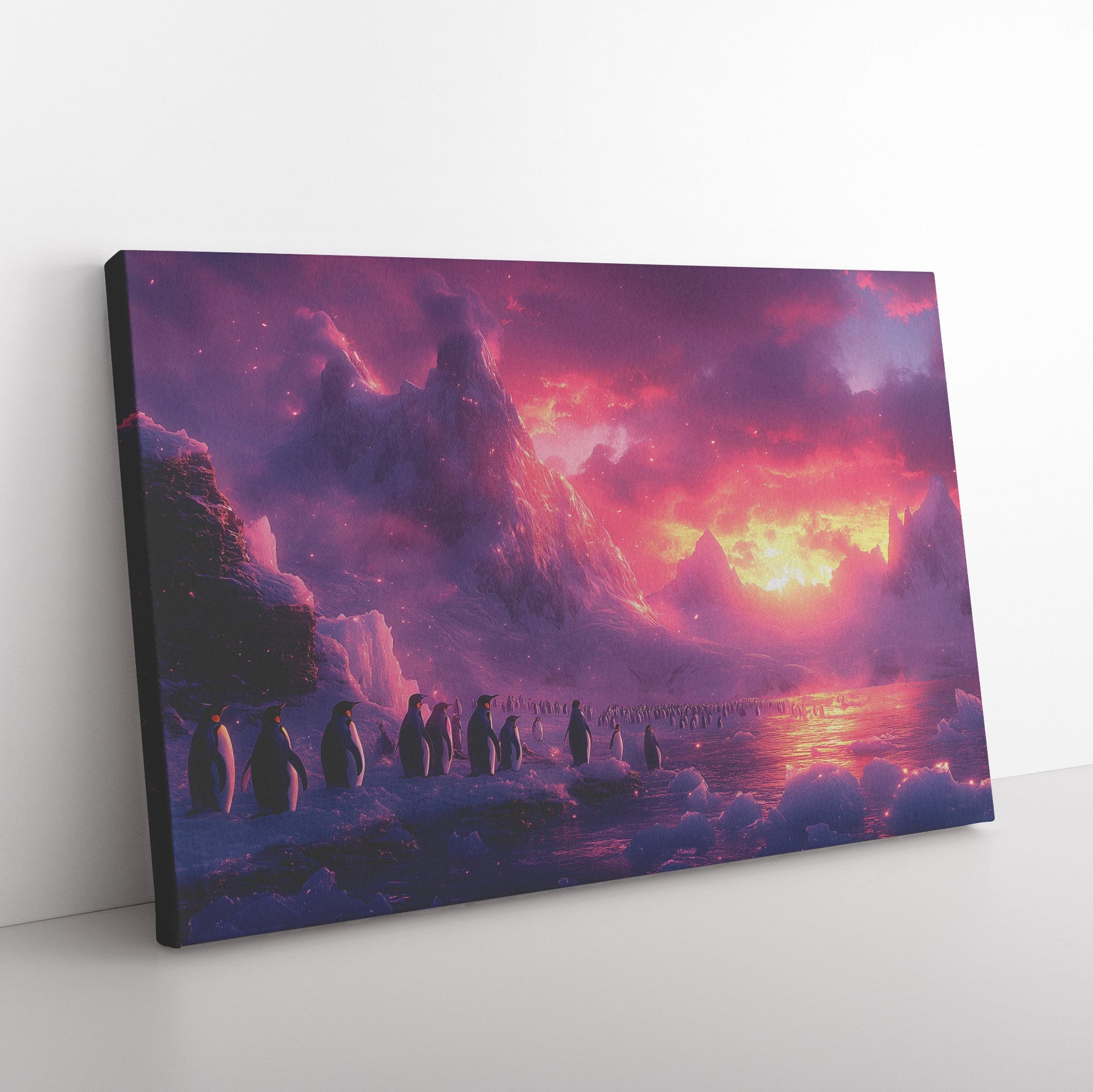 Penguin Colony on Arctic Cliff Surrounded by Glowing Crystal Ice Rich Natural Scenery Canvas Wall Art Decor - Awakening Righteousness