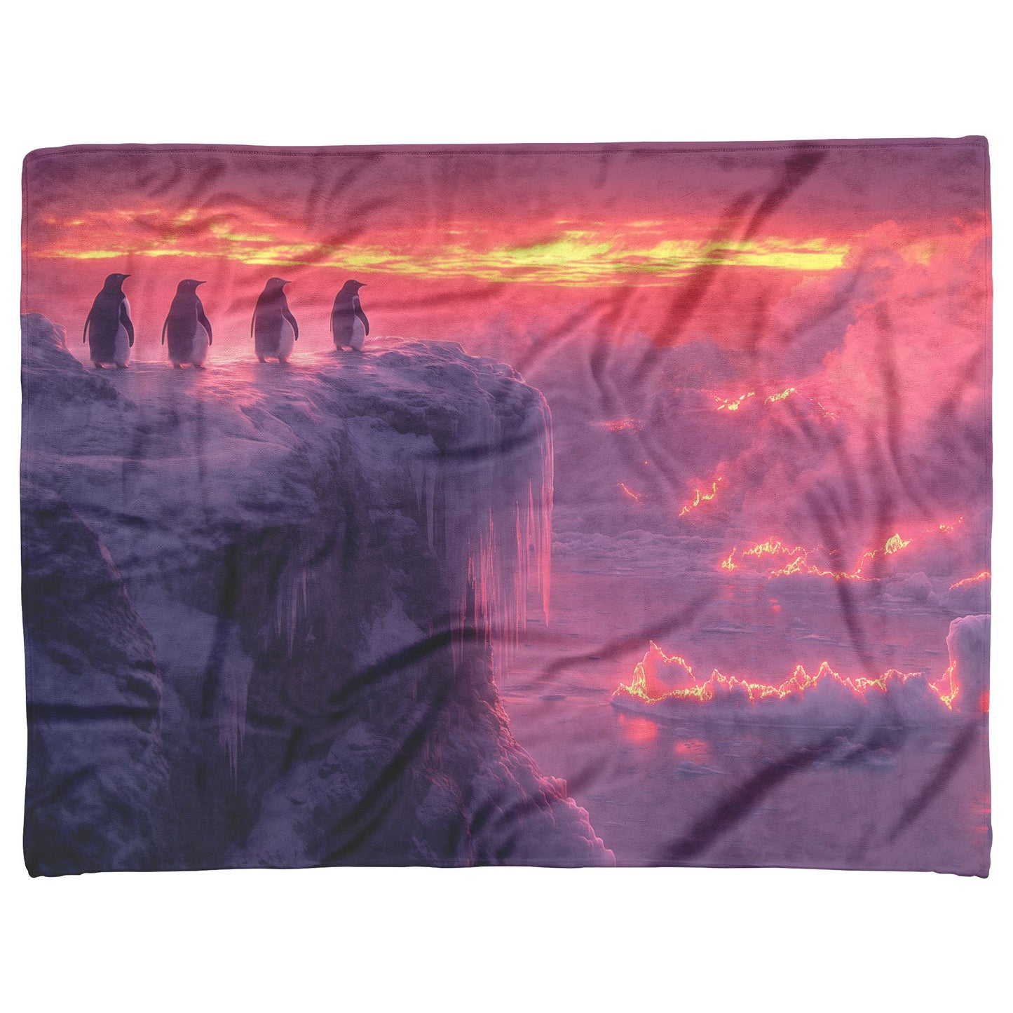 Penguin Colony on Arctic Cliff with Glowing Crystal Ice Formations and Rich Natural Scenery Fleece Sherpa Blanket - Awakening Righteousness