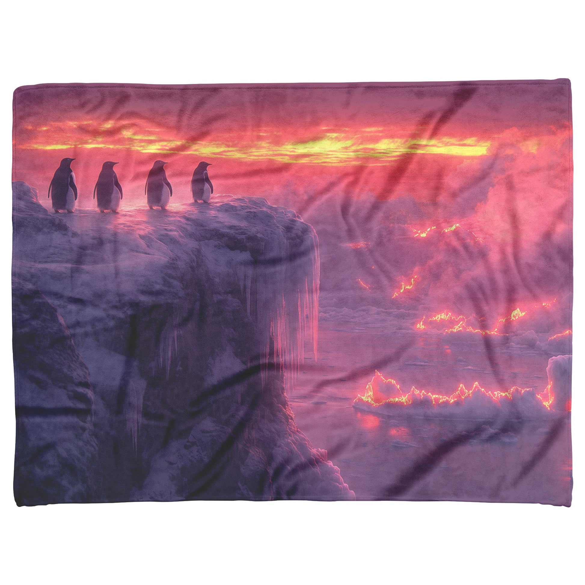 Penguin Colony on Arctic Cliff with Glowing Crystal Ice Formations and Rich Natural Scenery Fleece Sherpa Blanket - Awakening Righteousness