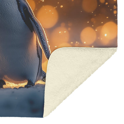 Penguin Walking Across Snowy Landscape Surrounded by Glowing Mist and Soft Golden Sunlight Fleece Sherpa Blanket - Awakening Righteousness