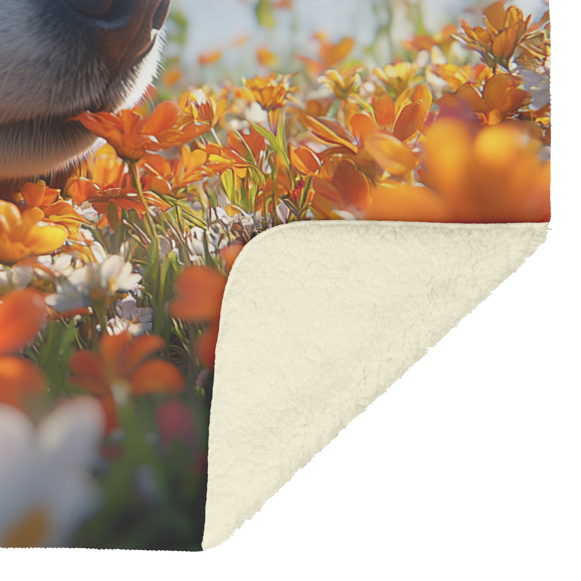 Playful Basset Hound Sniffing Flowers in Vibrant Garden Under Clear Blue Sky Fleece Sherpa Blanket - Awakening Righteousness