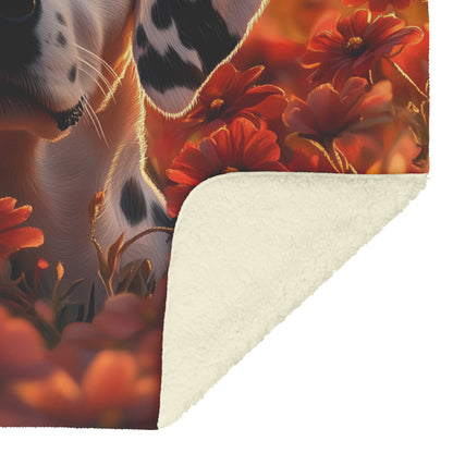 Playful Dalmatian in Vibrant Garden with Glowing Flowers and Soft Sunlight Fleece Sherpa Blanket - Awakening Righteousness
