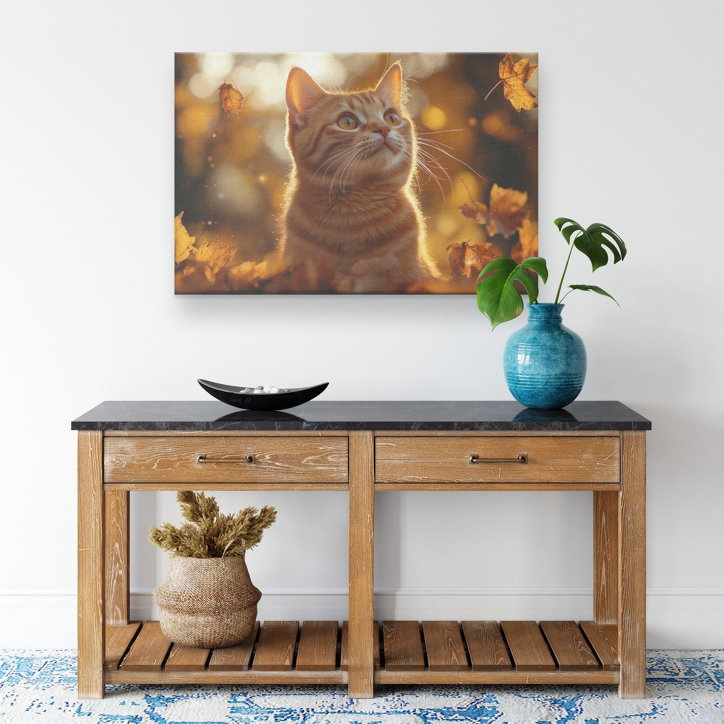 Playful Orange Tabby Cat Glowing Autumn Leaves Warm Sunlight Canvas Wall Art Decor - Awakening Righteousness