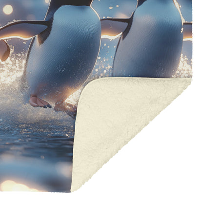 Playful Penguins Jumping into Icy Waters with Sparkling Reflections Fleece Sherpa Blanket Vibrant Winter Scene - Awakening Righteousness