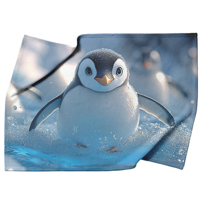 Playful Penguins Sliding Across Ice with Glowing Blue Icebergs Under Soft Sunlight Fleece Sherpa Blanket - Awakening Righteousness