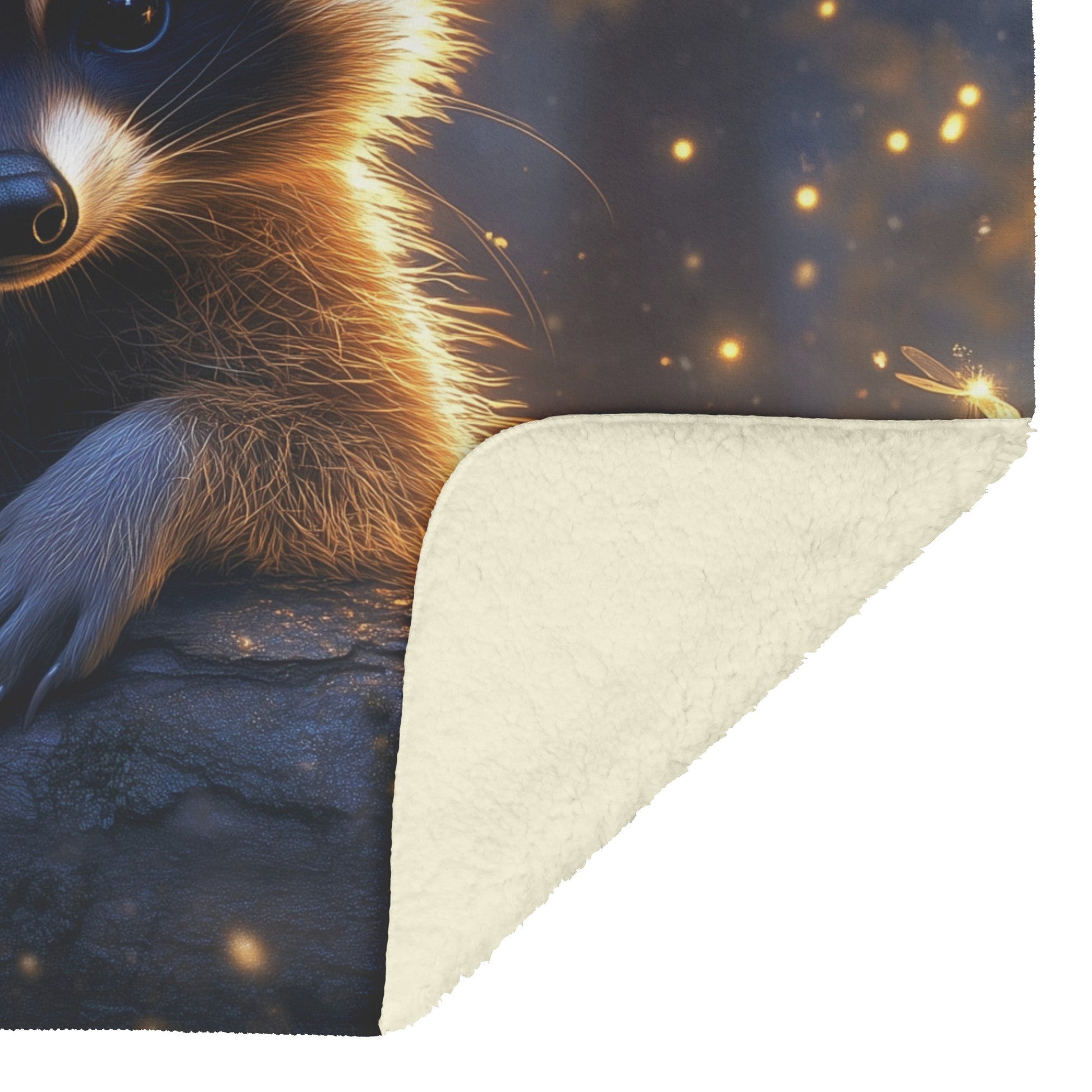Playful Raccoon on Glowing Forest Log Fireflies Moonlight Hyper Detailed Fur Peaceful Atmosphere Fleece Blanket - Awakening Righteousness