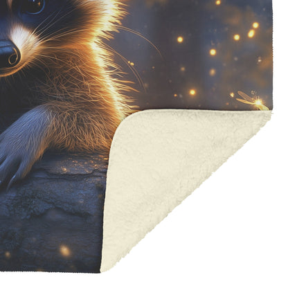 Playful Raccoon on Glowing Forest Log Fireflies Moonlight Hyper Detailed Fur Peaceful Atmosphere Fleece Blanket - Awakening Righteousness