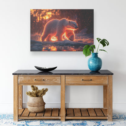 Polar Bear Canvas Wall Art Decor Walking Across Glowing Icy Plains Under Vibrant Aurora Borealis Sky with Silver Highlights - Awakening Righteousness