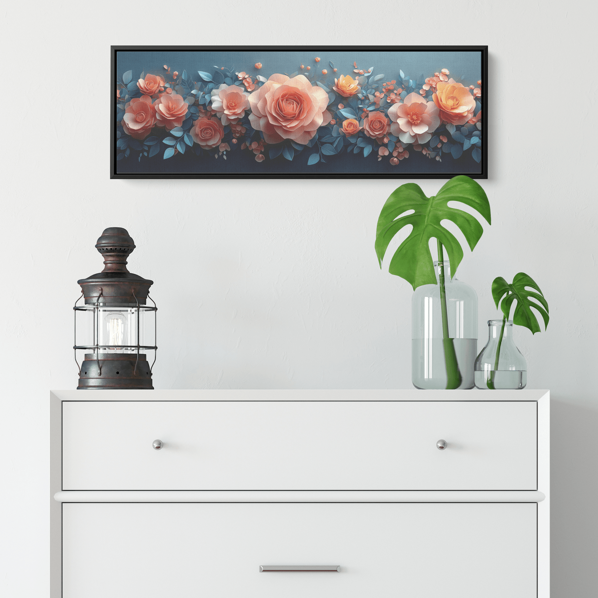 Polygonal Floral Patterns Origami Style Pastel Hues Panoramic Framed Canvas Wall Art for Home and Office Decor - Awakening Righteousness