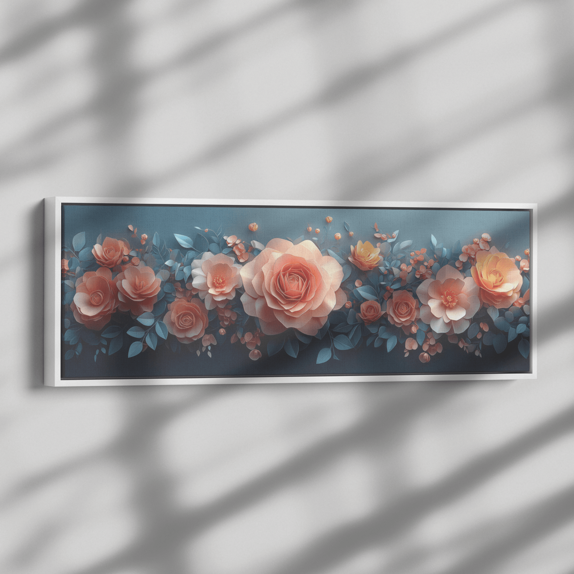 Polygonal Floral Patterns Origami Style Pastel Hues Panoramic Framed Canvas Wall Art for Home and Office Decor - Awakening Righteousness