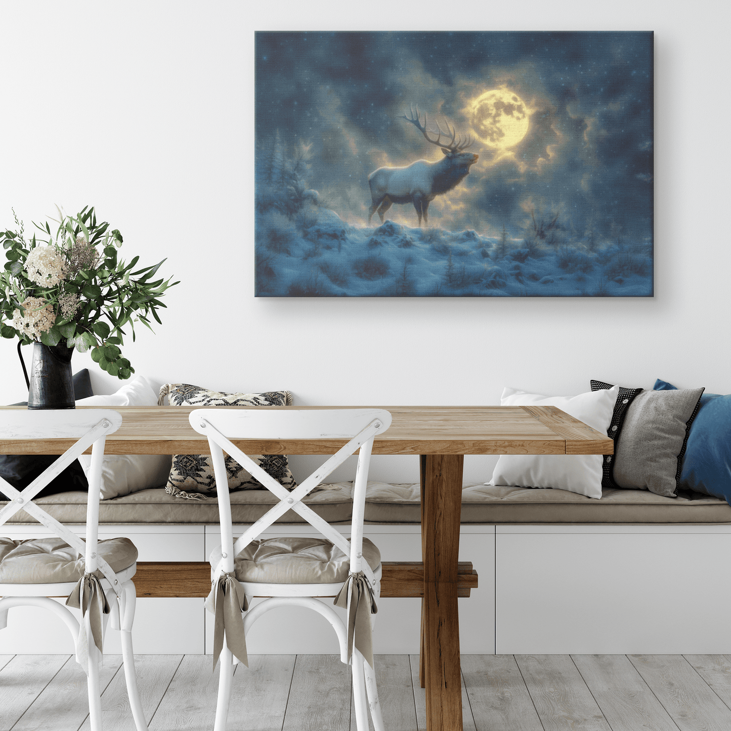 Powerful Elk Roaring On Glowing Snowy Hillside Under Full Moon With Visible Breath Canvas Wall Art Decor - Awakening Righteousness