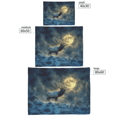 Powerful Elk Roaring on Glowing Snowy Hillside Under Massive Full Moon With Breath Visible in Cold Air Fleece Sherpa Blanket - Awakening Righteousness