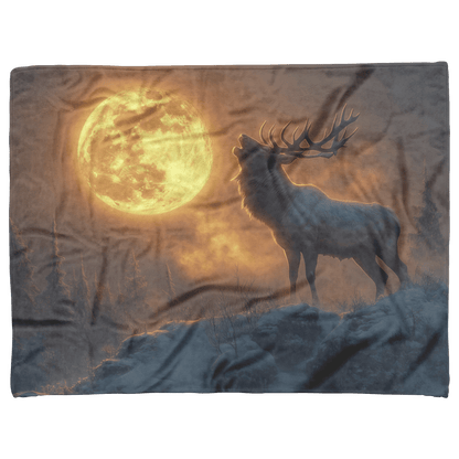 Powerful Elk Roaring on Glowing Snowy Hillside Under Massive Full Moon With Breath Visible in Cold Air Fleece Sherpa Blanket - Awakening Righteousness