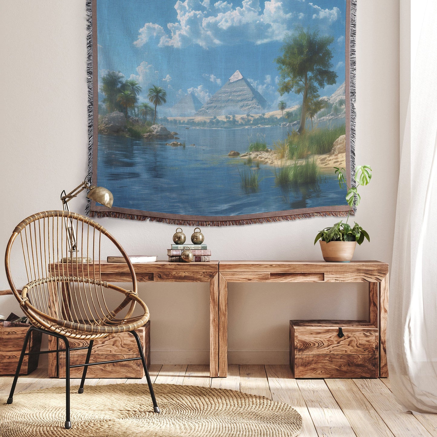Pyramids and Palm Trees by the River with Clear Blue Sky for Woven Throw Blanket - Awakening Righteousness