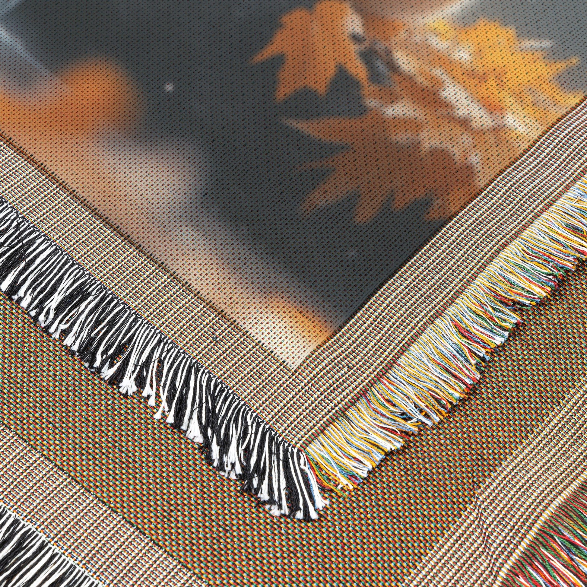 Rabbit Sitting Near Glowing Waterfall Woven Throw Blanket with Golden Autumn Leaves and Soft Forest Mist - Awakening Righteousness
