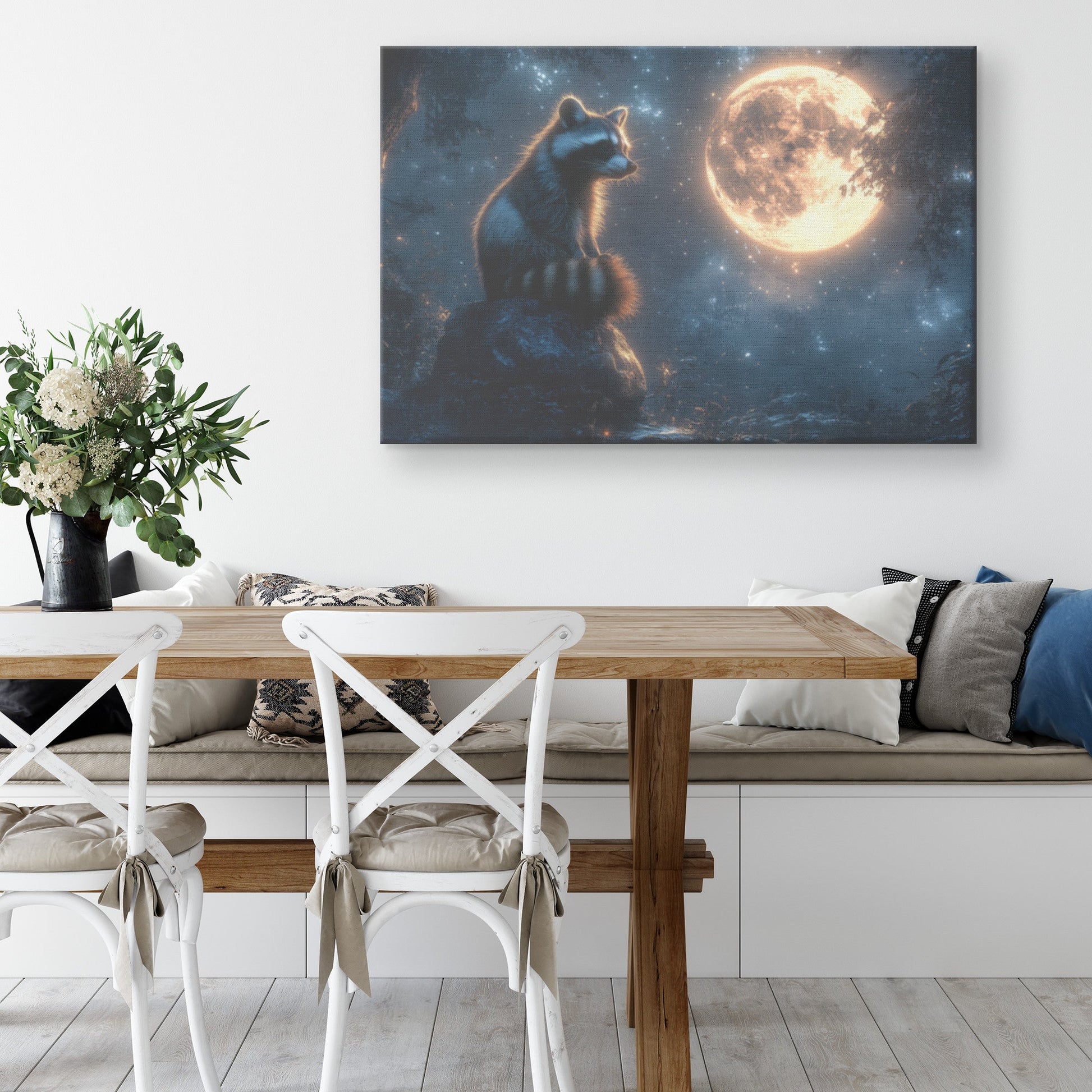 Raccoon Sitting Atop Glowing Stone in Forest Clearing Under Massive Full Moon Peaceful Ethereal Canvas Wall Art Decor - Awakening Righteousness