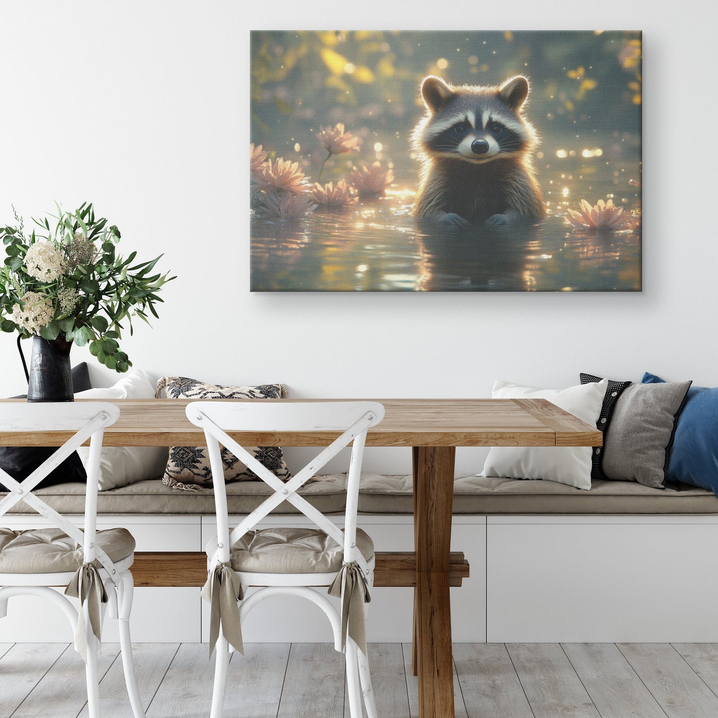 Raccoon Sitting Near Glowing Crystal Clear Riverbank with Shimmering Reflections Peaceful Woodland Canvas Wall Art Decor - Awakening Righteousness