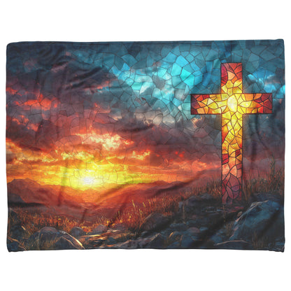 Radiant Cross in Stained Glass Over Sunset Landscape Fleece Sherpa Blanket Ultra Soft Cozy Perfect for Home Gift - Awakening Righteousness