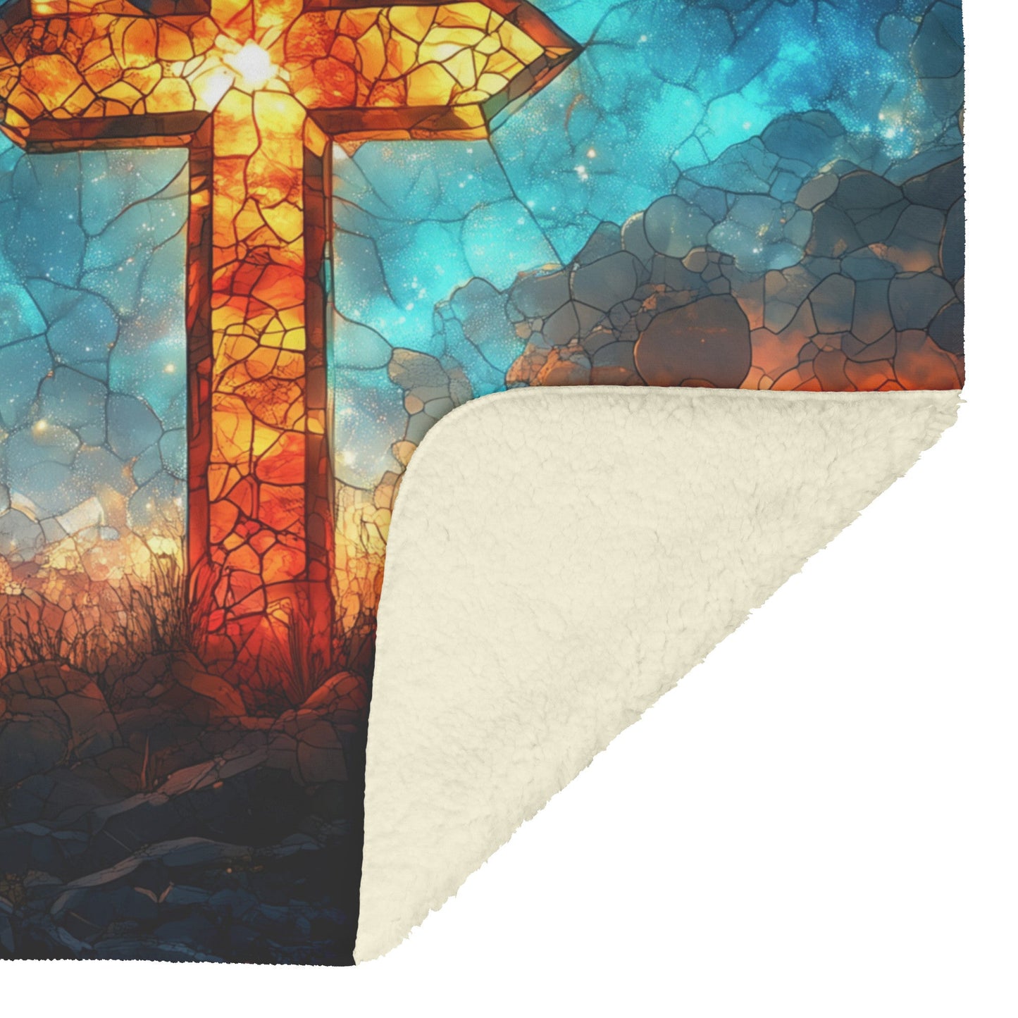 Radiant Cross Stained Glass Fleece Sherpa Blanket Starry Sky Design Christian Art Cozy Inspirational Home Gift - Awakening Righteousness