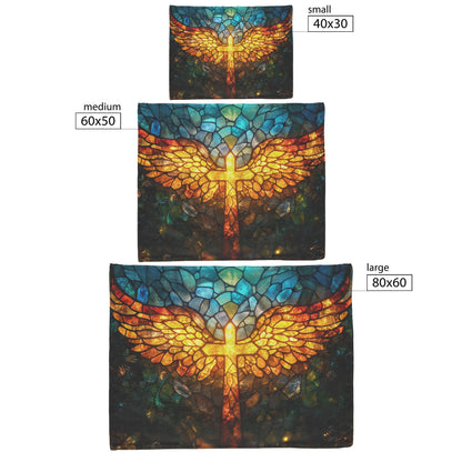 Radiant Cross with Golden Wings Stained Glass Design Fleece Sherpa Blanket Ultra Soft Cozy Perfect for Home Gift - Awakening Righteousness