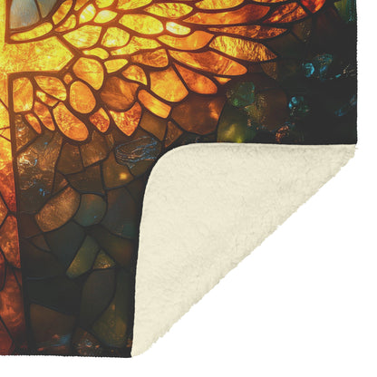 Radiant Cross with Golden Wings Stained Glass Design Fleece Sherpa Blanket Ultra Soft Cozy Perfect for Home Gift - Awakening Righteousness