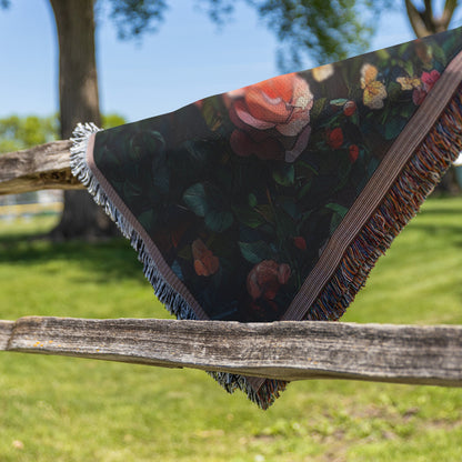 Radiant Cross Woven Throw Blanket Stained Glass Floral Design with Vibrant Roses for Christian Home Decor - Awakening Righteousness