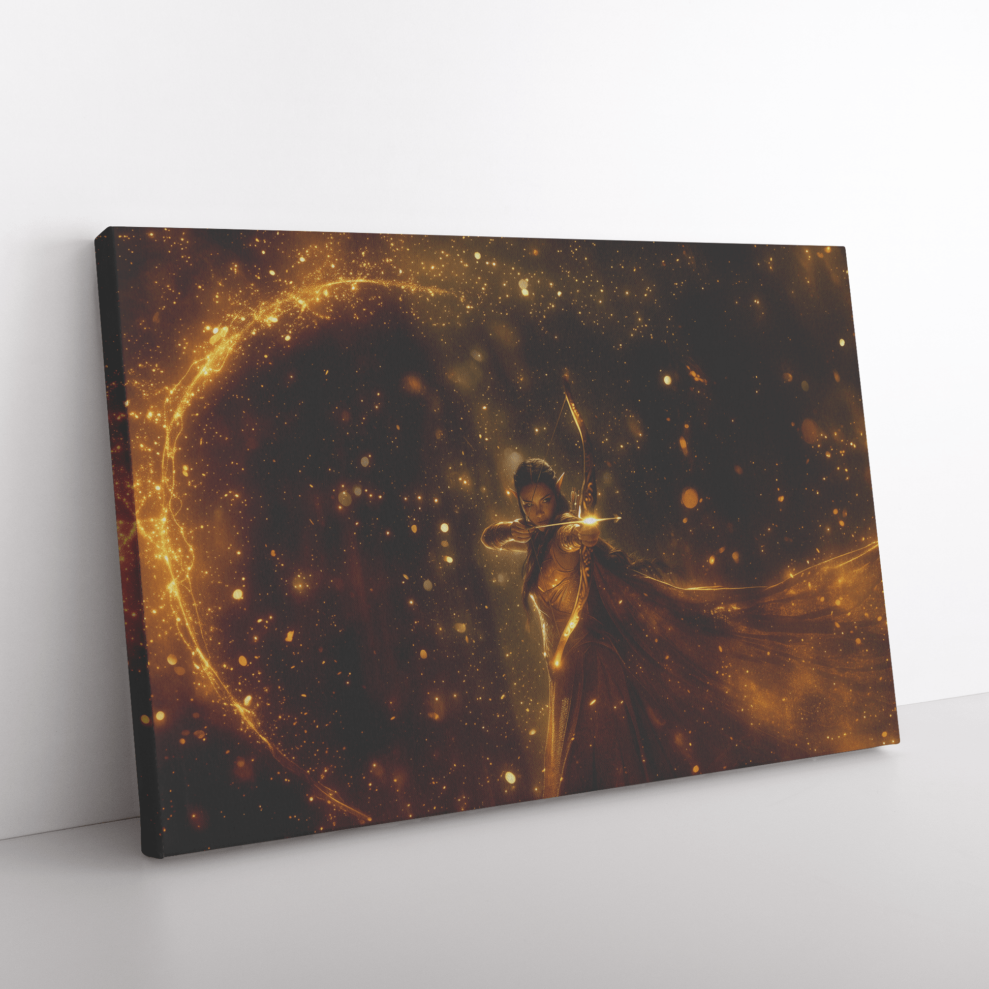 Radiant Female Night Elf Hunter Aiming Glowing Bow Surrounded by Golden Mist and Silver Light WoW Canvas Wall Art - Awakening Righteousness
