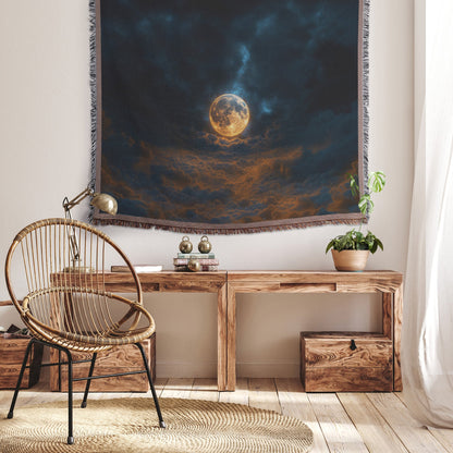 Radiant Full Moon Above Glowing Clouds Woven Throw Blanket - Awakening Righteousness