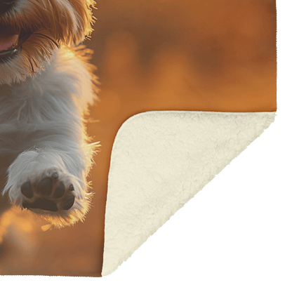 Radiant Parson Russell Terrier in Mid Leap With Shimmering Textures and Glowing Reflections in Sunlit Park Fleece Sherpa Blanket - Awakening Righteousness