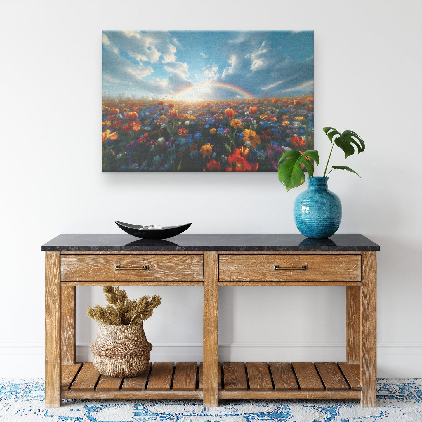 Radiant Rainbow Flower Meadow Vibrant Tulips Daisies Wildflowers Glowing Sunlight Scenic Canvas Wall Art Decor - Awakening Righteousness