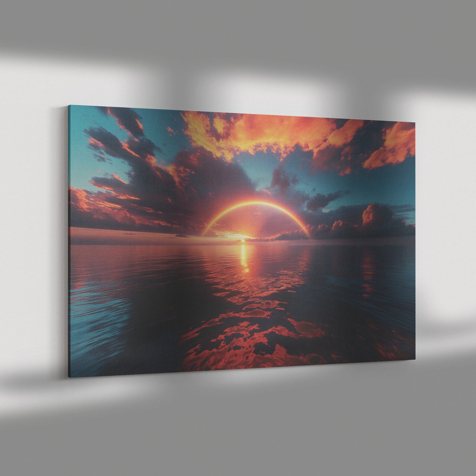 Radiant Rainbow Golden Light Ocean Horizon Sparkling Waves Sunset Glow Clouds Beams Canvas Wall Art Decor - Awakening Righteousness