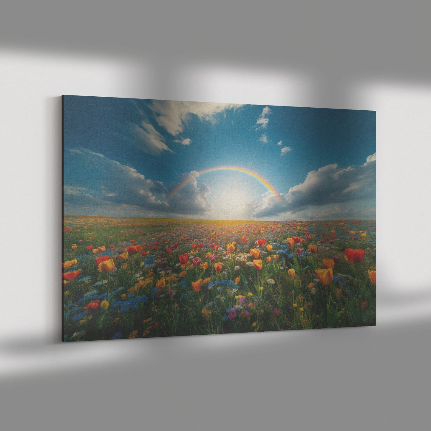 Radiant Rainbow Over Flower Meadow Vibrant Tulips Daisies Wildflowers Glowing Sunlight Canvas Wall Art - Awakening Righteousness