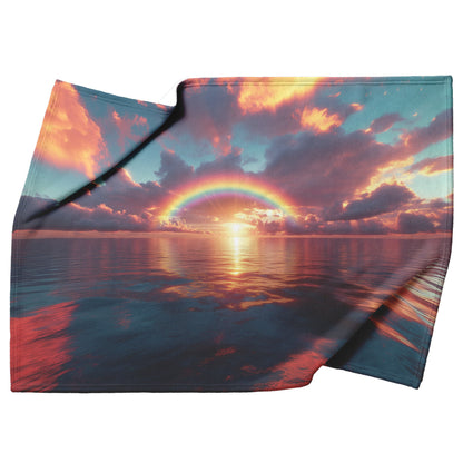 Radiant Rainbow with Golden Light Over Ocean Horizon Sparkling Waves Glowing Clouds Sunset Fleece Sherpa Blanket - Awakening Righteousness