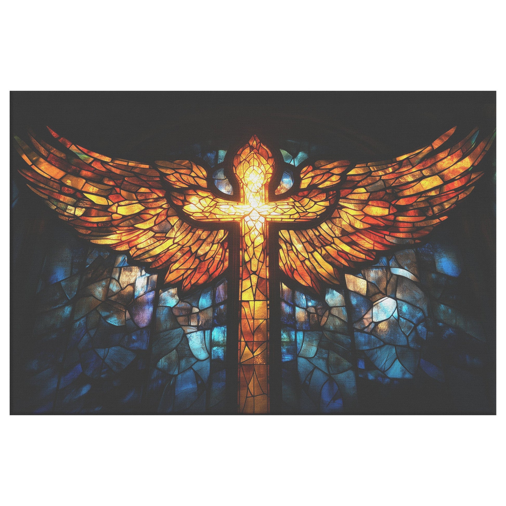 Radiant Stained Glass Angel Wings Cross Christian Canvas Wall Art for Spiritual Home Decor - Awakening Righteousness
