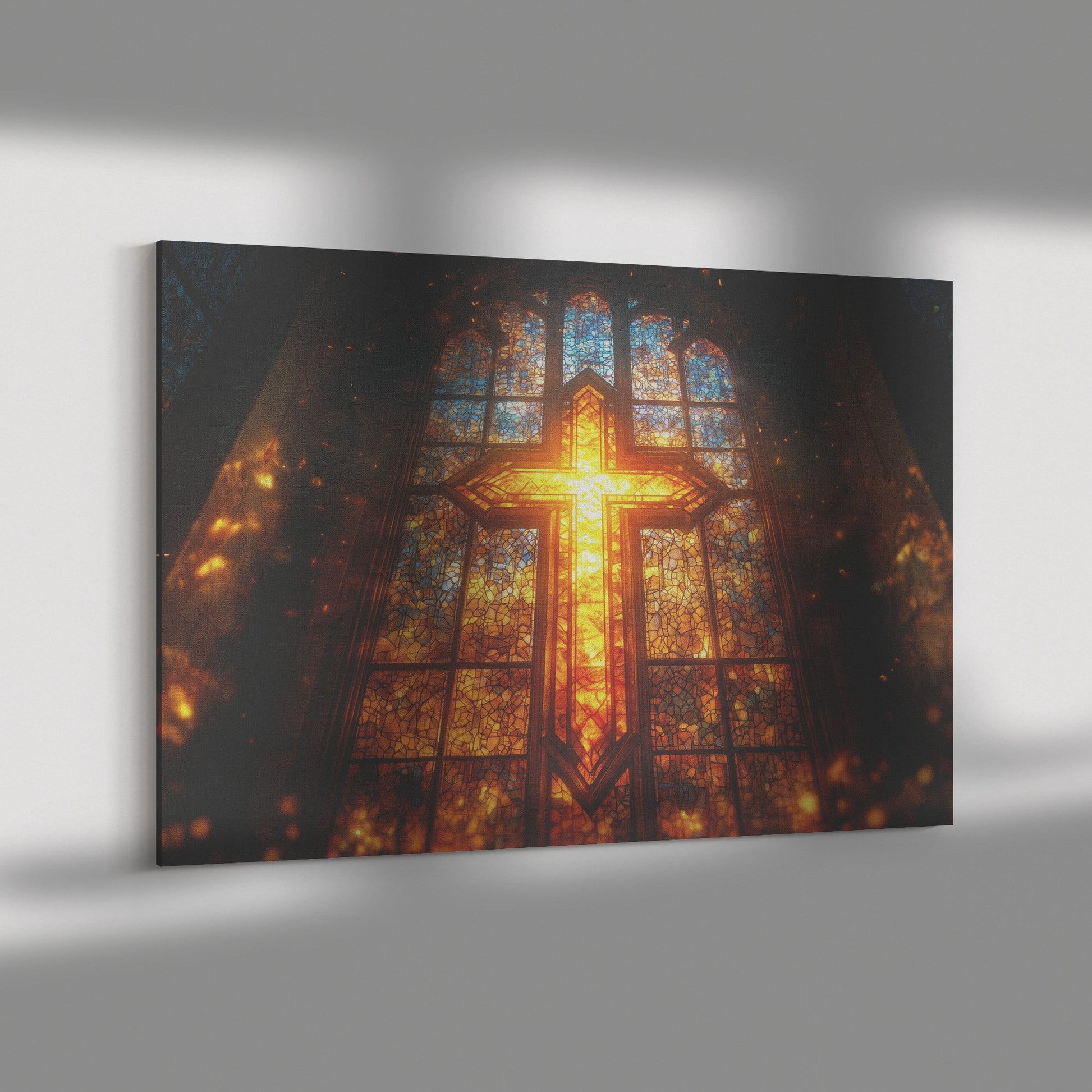 Radiant Stained Glass Cross Sunlit Church Wall Art Inspirational Christian Decor for Home or Worship Spaces - Awakening Righteousness
