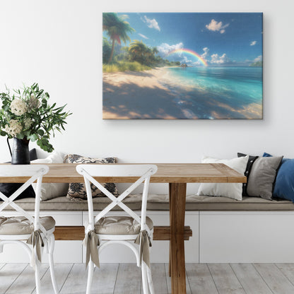 Rainbow Glowing Over Tropical Beach Turquoise Water White Sand Lush Palms Radiant Sunlight Canvas Wall Art - Awakening Righteousness