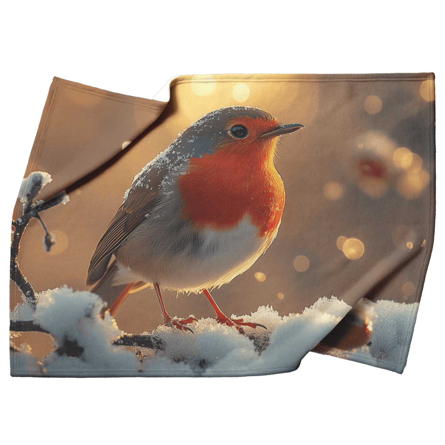 Red Breasted Robin Perched on Glowing Snow Covered Branch Surrounded by Twinkling Snowflakes Under Moonlight Fleece Sherpa Blanket - Awakening Righteousness