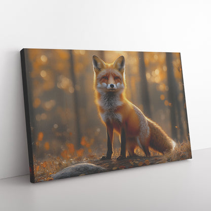Red Fox Glowing in Golden Morning Sunlight on Forest Trail Surrounded by Mist and Trees Canvas Wall Art Decor - Awakening Righteousness
