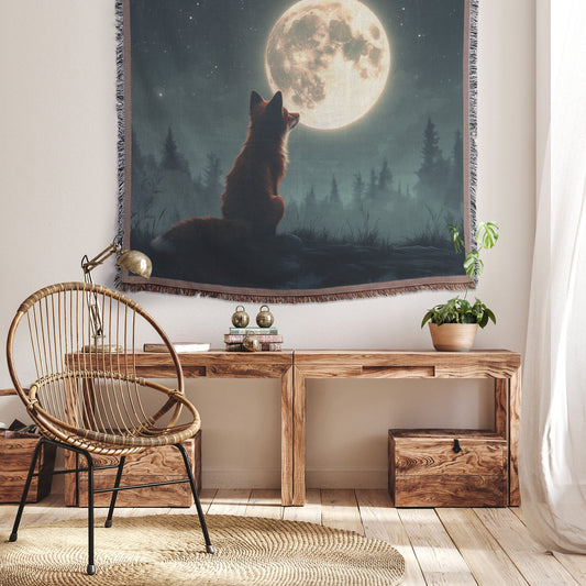 Red Fox Silhouetted Against Glowing Full Moon on Forest Ridge with Silver Highlights on Fur Woven Throw Blanket - Awakening Righteousness