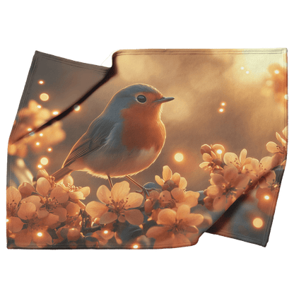 Robin Fluttering Near Glowing Flowers in Bioluminescent Garden Surrounded by Light Trails Under Twilight Skies Fleece Sherpa Blanket - Awakening Righteousness