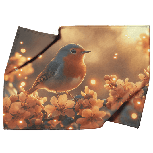 Robin Fluttering Near Glowing Flowers in Bioluminescent Garden Surrounded by Light Trails Under Twilight Skies Fleece Sherpa Blanket - Awakening Righteousness