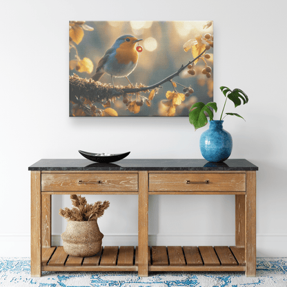 Robin Holding Glowing Berry On Mossy Branch Surrounded By Shimmering Autumn Leaves Under Soft Light Canvas Wall Art Decor - Awakening Righteousness