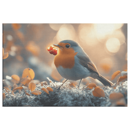 Robin Holding Glowing Berry On Mossy Branch Surrounded By Shimmering Autumn Leaves Under Soft Light Canvas Wall Art Decor - Awakening Righteousness