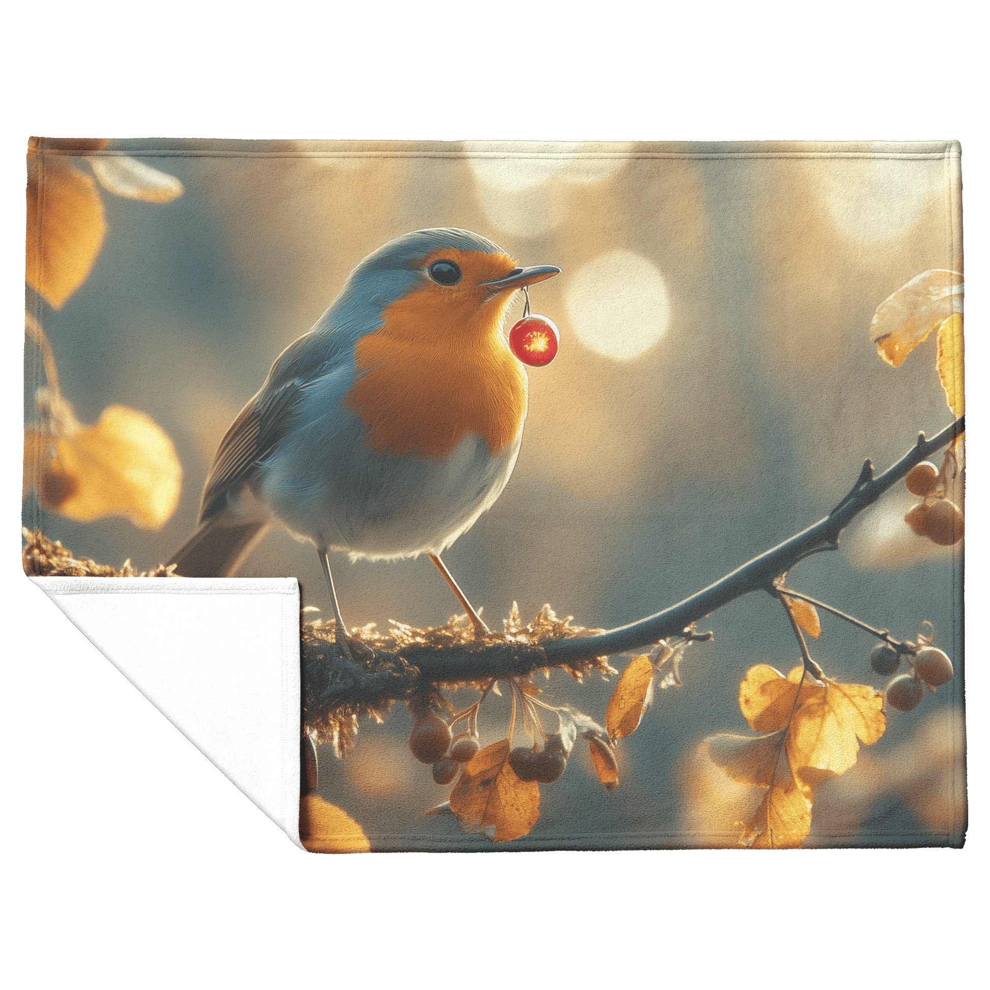 Robin Holding Glowing Berry Perched on Mossy Branch Surrounded by Shimmering Autumn Leaves Under Soft Light Fleece Sherpa Blanket - Awakening Righteousness