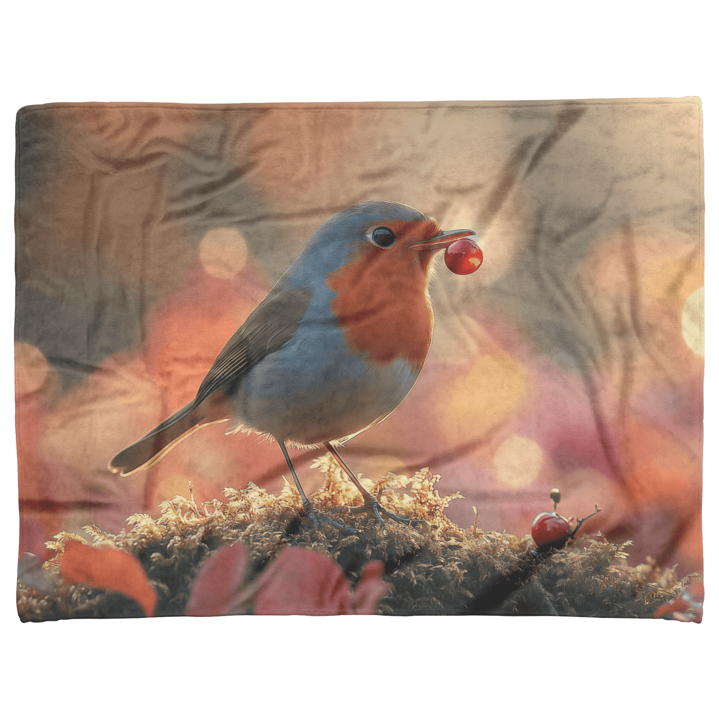 Robin Holding Glowing Berry Perched on Mossy Branch Surrounded by Shimmering Autumn Leaves Under Soft Light Fleece Sherpa Blanket - Awakening Righteousness
