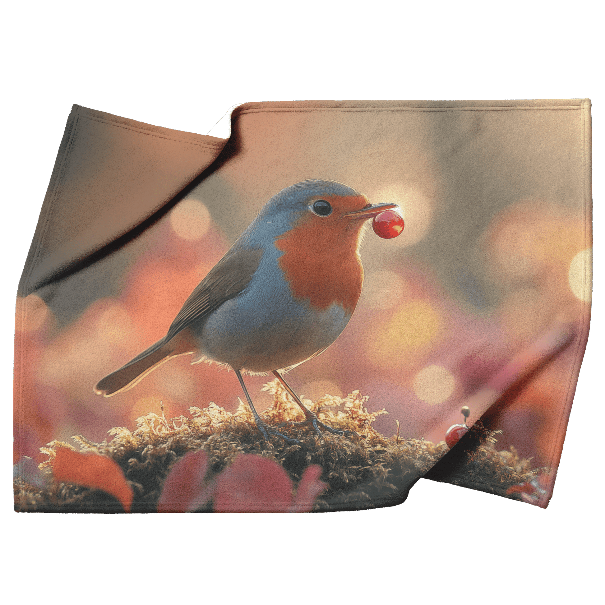 Robin Holding Glowing Berry Perched on Mossy Branch Surrounded by Shimmering Autumn Leaves Under Soft Light Fleece Sherpa Blanket - Awakening Righteousness