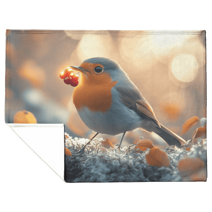 Robin Holding Glowing Berry Perched on Mossy Branch Surrounded by Shimmering Autumn Leaves Under Soft Light Fleece Sherpa Blanket - Awakening Righteousness